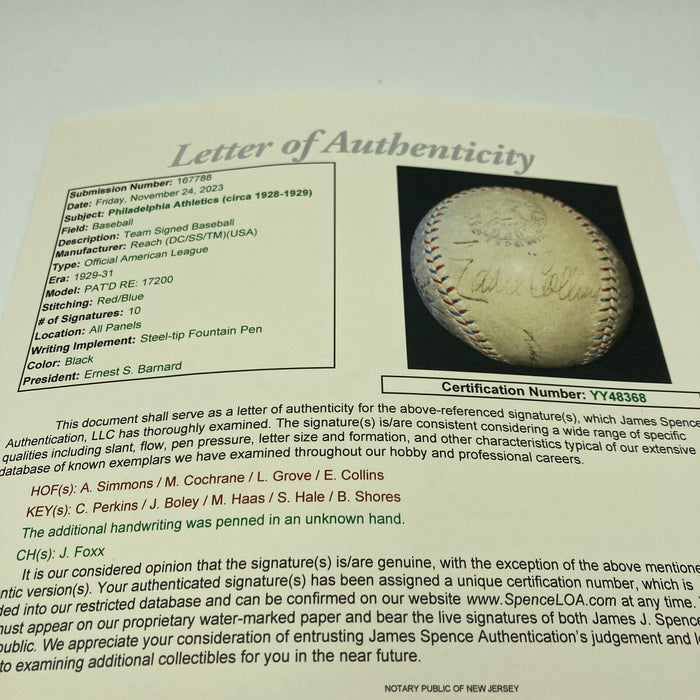 Eddie Collins Al Simmons Cochrane 1929 A's W.S Champs Team Signed Baseball JSA