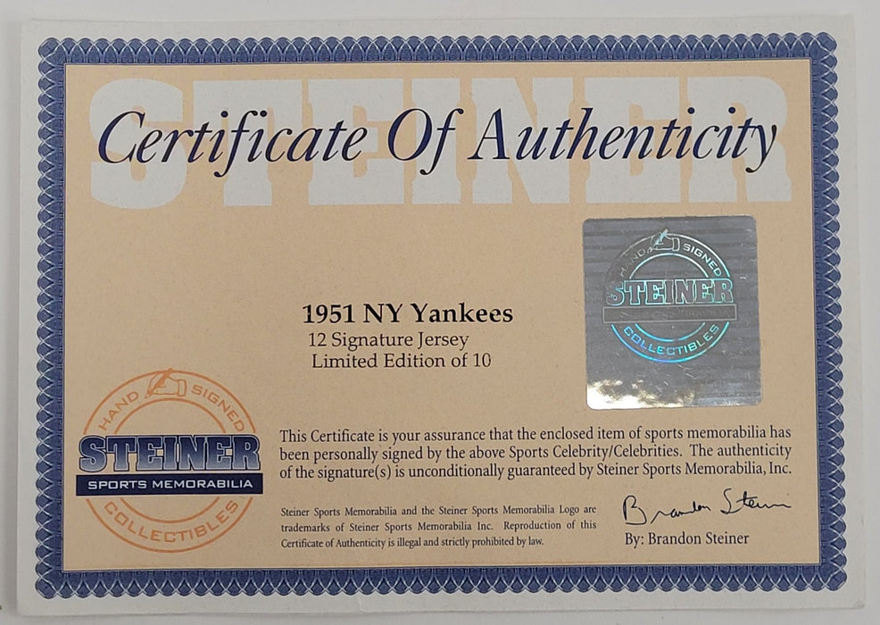 1951 New York Yankees World Series Champs Team Signed Jersey Steiner COA