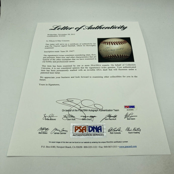 The Finest Pie Traynor Single Signed 1947 National League Baseball PSA DNA COA