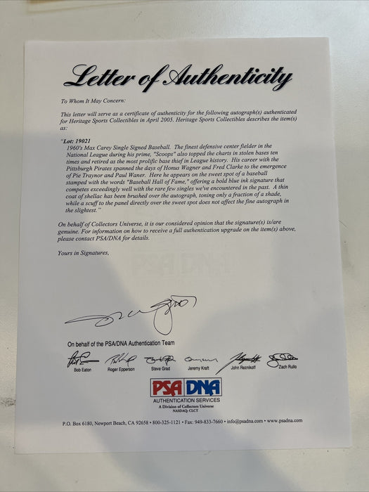 The Finest Max Carey Single Signed Baseball PSA DNA & Beckett COA
