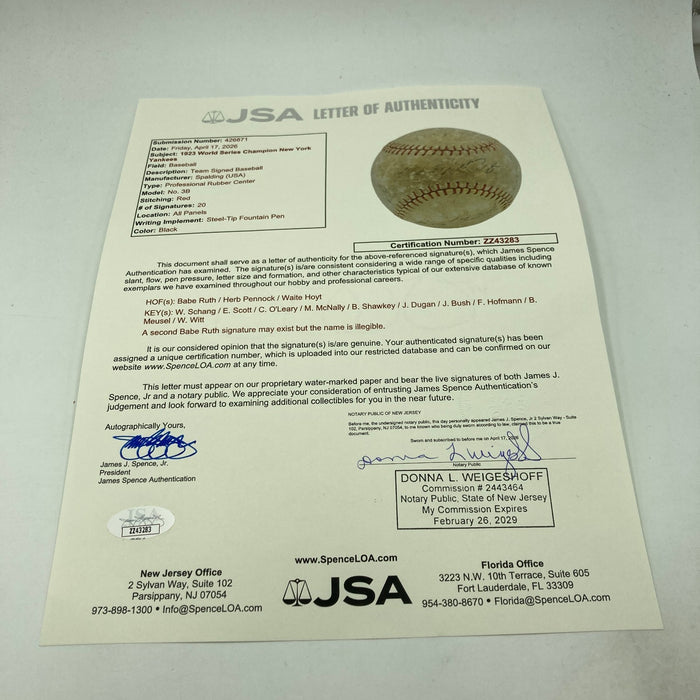 1923 NY Yankees World Series Champs Team Signed Baseball Babe Ruth JSA & PSA