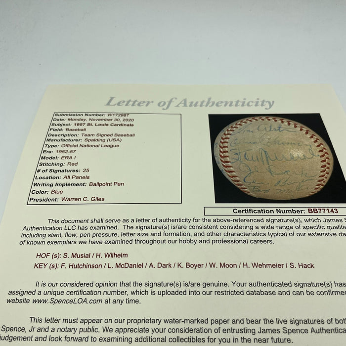 1957 St. Louis Cardinals Team Signed National League  Baseball JSA
