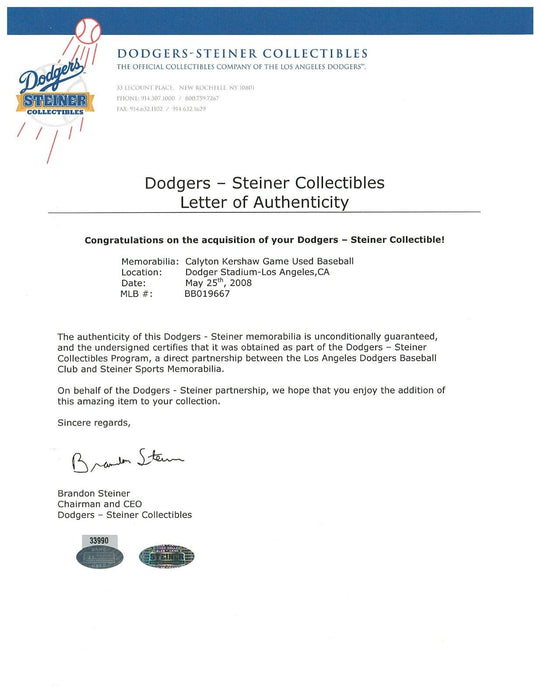 Historic Clayton Kershaw MLB Debut Signed Inscribed Game Used Baseball Steiner