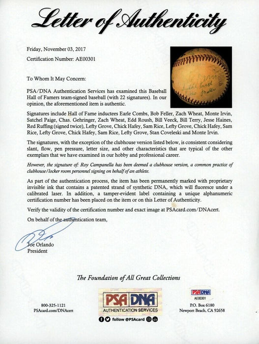Satchel Paige Chick Hafey Hall Of Fame Induction Multi Signed Baseball PSA DNA
