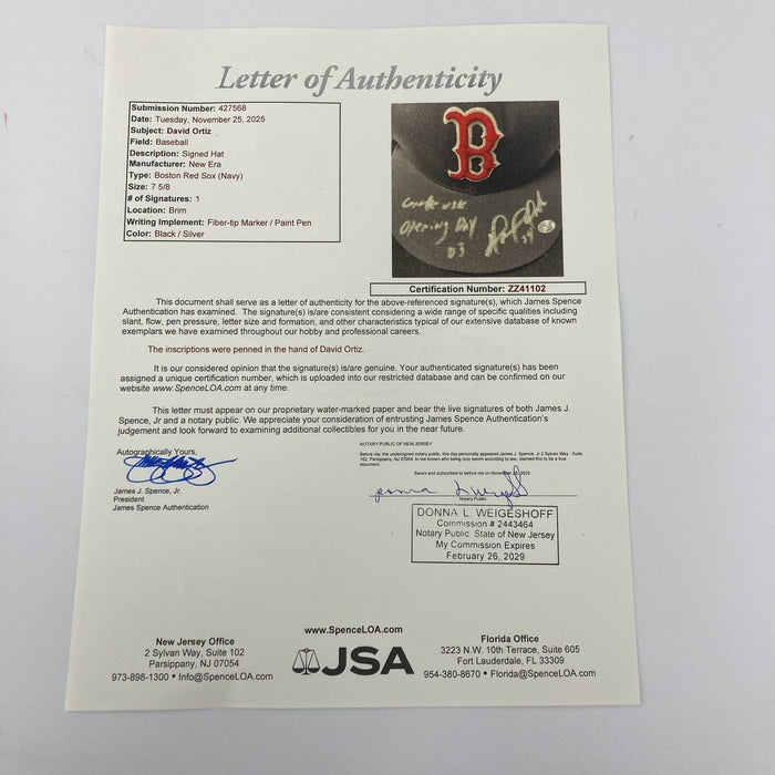 David Ortiz Boston Red Sox Debut Game Used Signed Hat JSA COA First Game Red Sox