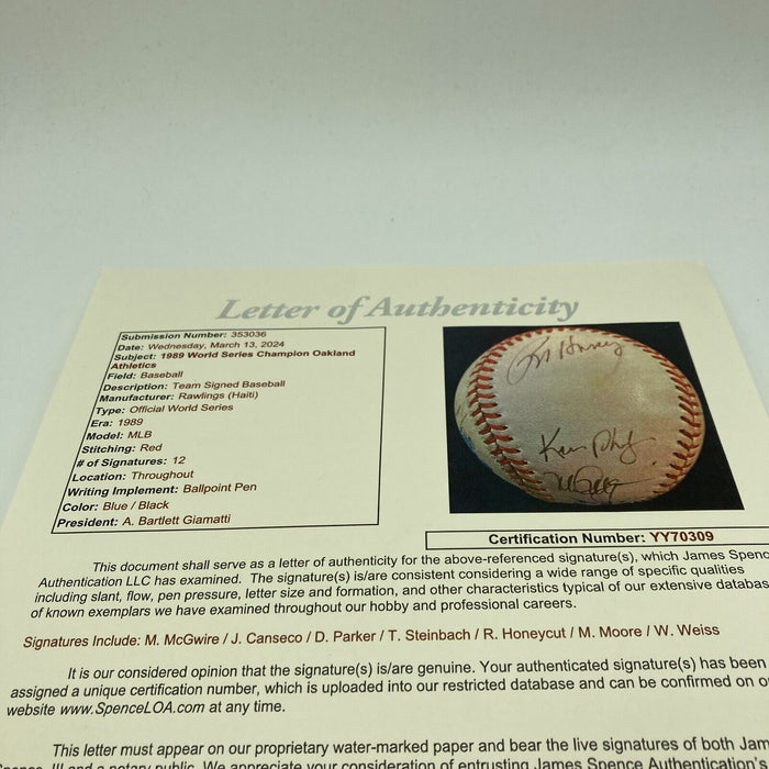 1989 Oakland A's Athletics World Series Champs Team Signed Baseball JSA COA