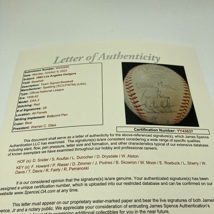 Sandy Koufax 1962 Los Angeles Dodgers Team Signed NL Baseball JSA COA