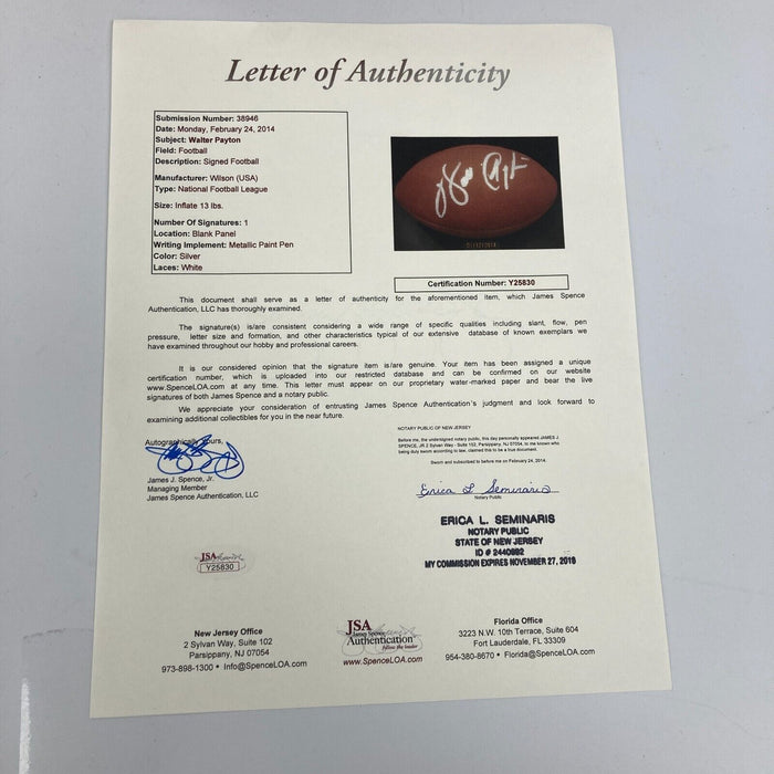 Beautiful Walter Payton Signed Wilson NFL Game Football With JSA COA