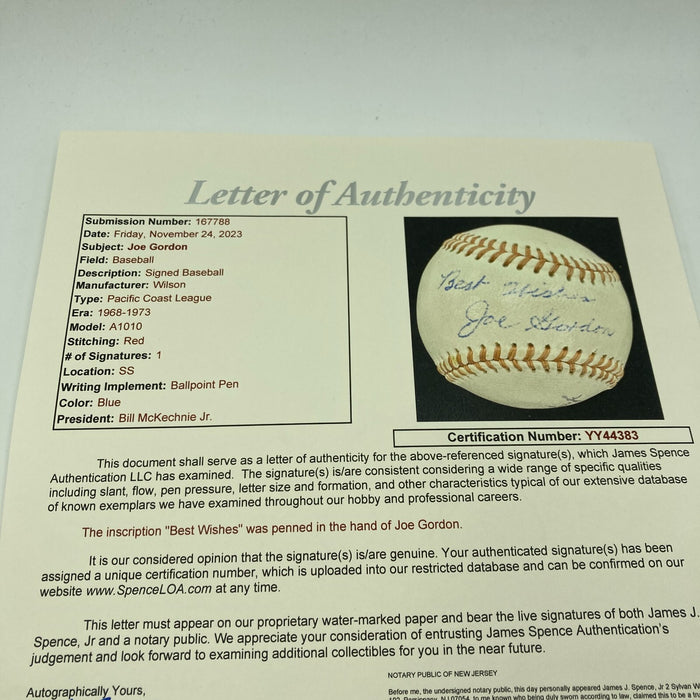 Beautiful Joe Gordon Single Signed Baseball JSA COA Hall Of Fame