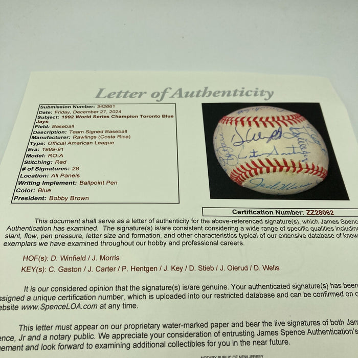1992 Toronto Blue Jays World Series Champs Team Signed Baseball JSA COA