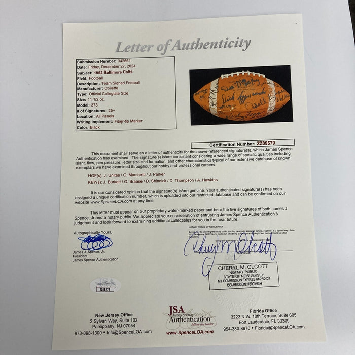 Johnny Unitas 1962 Baltimore Colts Team Signed Football JSA COA