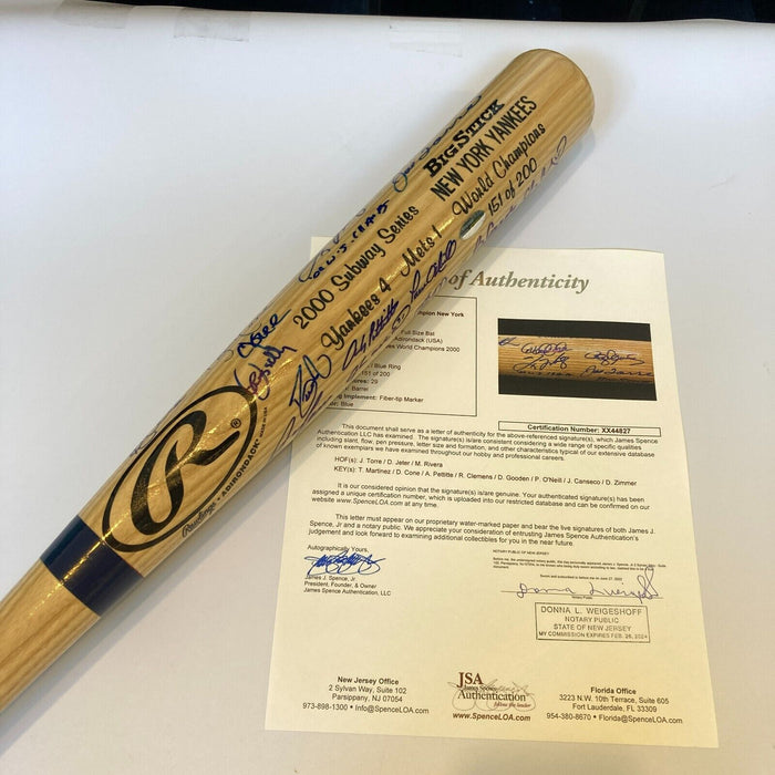 2000 NY Yankees WS Champs Team Signed Bat Derek Jeter Mariano Rivera JSA COA