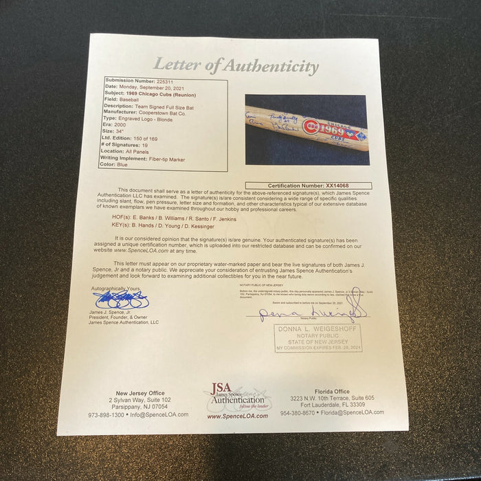 Beautiful 1969 Chicago Cubs Team Signed Baseball Bat 19 Sigs Ernie Banks JSA COA