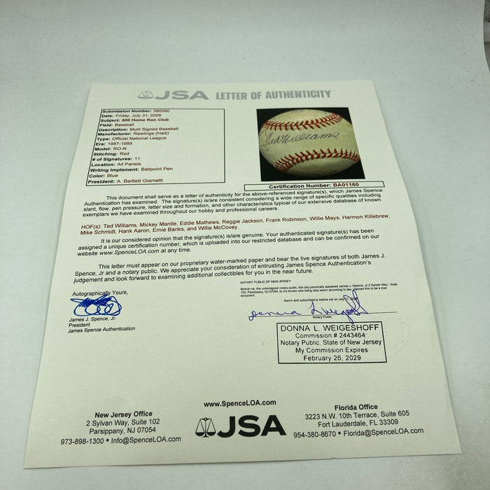 500 Home Run Signed Baseball Mickey Mantle Ted Williams Willie Mays 11 Sigs JSA
