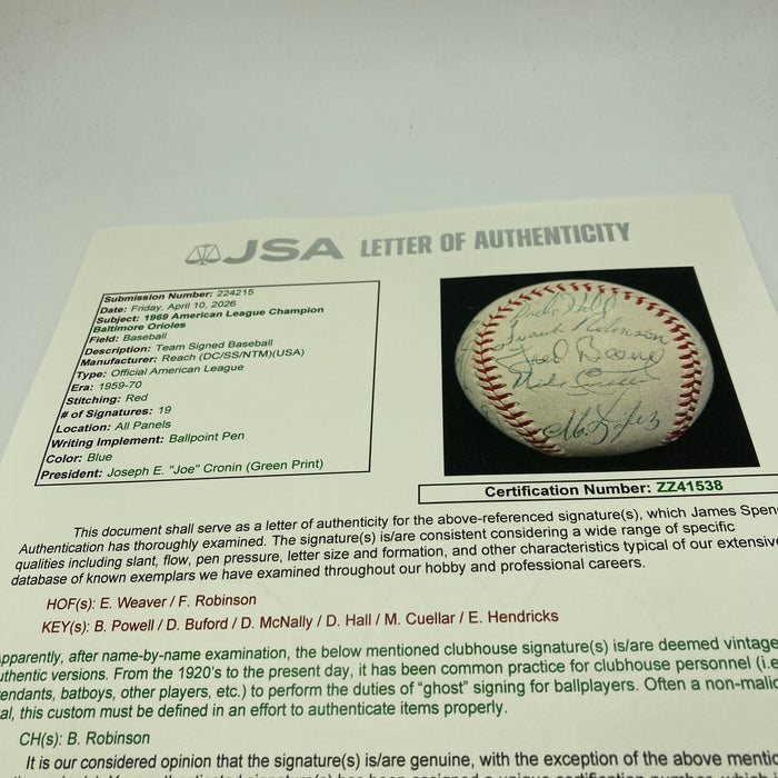 1969 Baltimore Orioles American League Champs Team Signed Baseball JSA COA