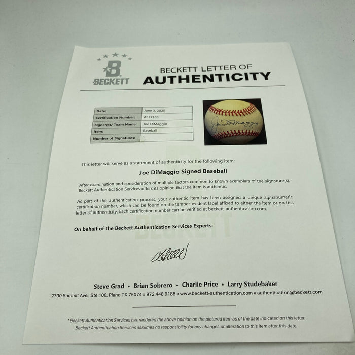 Nice Joe Dimaggio Signed Official American League Baseball Beckett COA