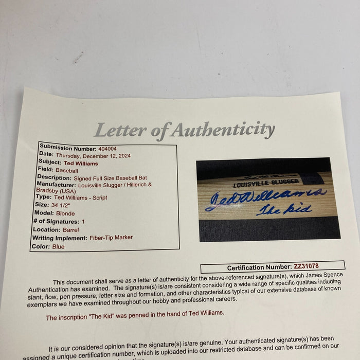 MINT Ted Williams "The Kid" Signed Inscribed Game Model Baseball Bat JSA COA