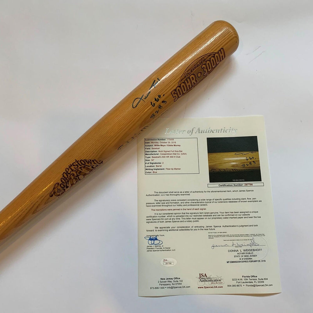 Willie Mays 660 Home Runs 3283 Hits Eddie Murray 504 HR 3255 Signed Bat JSA COA