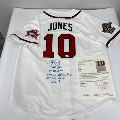 Chipper Jones Signed Heavily Inscribed STATS 1995 Atlanta Braves Jersey JSA COA