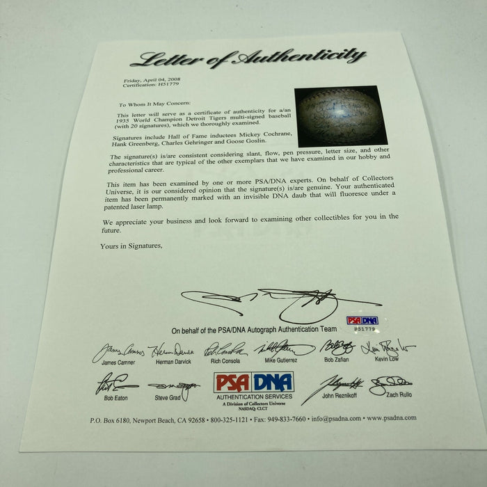 1935 Detroit Tigers World Series Champs Team Signed Baseball PSA DNA COA