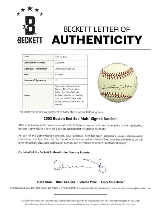 2002 Boston Red Sox Team Signed Major League Baseball Beckett COA