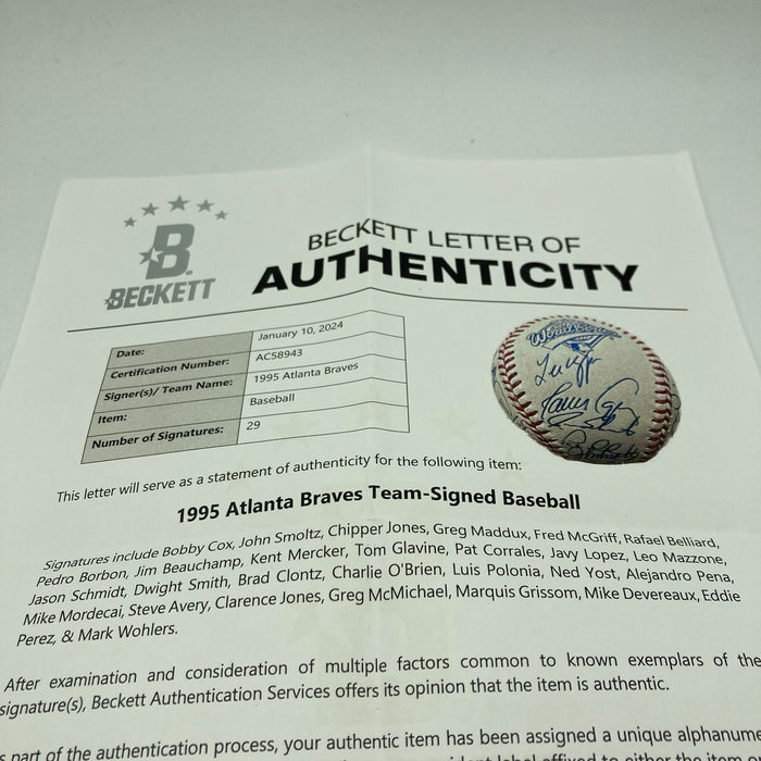 1995 Atlanta Braves World Series Champs Team Signed W.S. Baseball Beckett COA