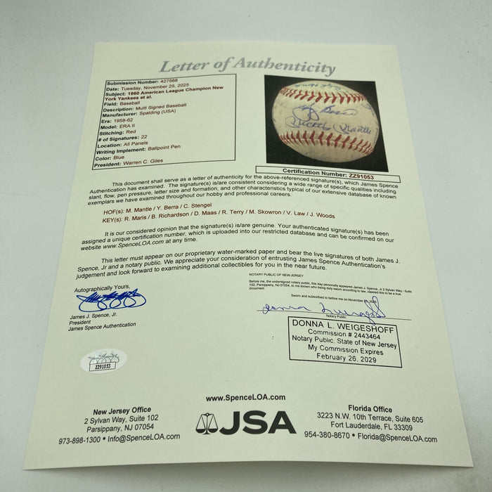1960 Yankees WS Champs Team Signed Baseball World Series Game Used Baseball JSA
