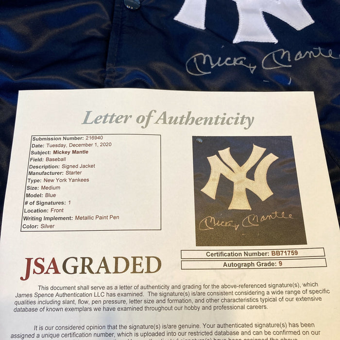 Beautiful Mickey Mantle Signed New York Yankees Game Jacket JSA Graded MINT 9