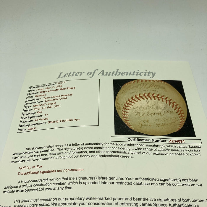 Nellie Fox Pre Rookie 1945 Lancaster Red Roses Minor League Signed Baseball JSA