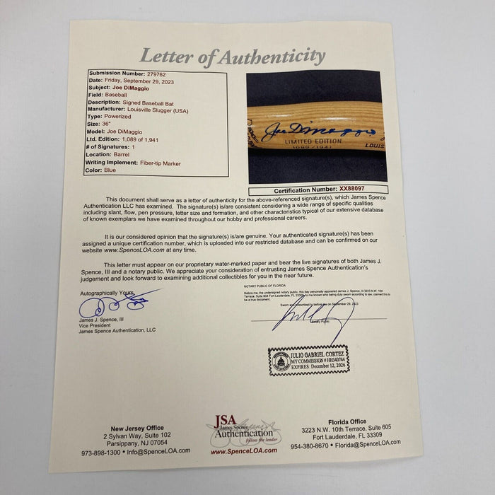 Joe Dimaggio Signed Game Model Baseball Bat PSA DNA & JSA COA
