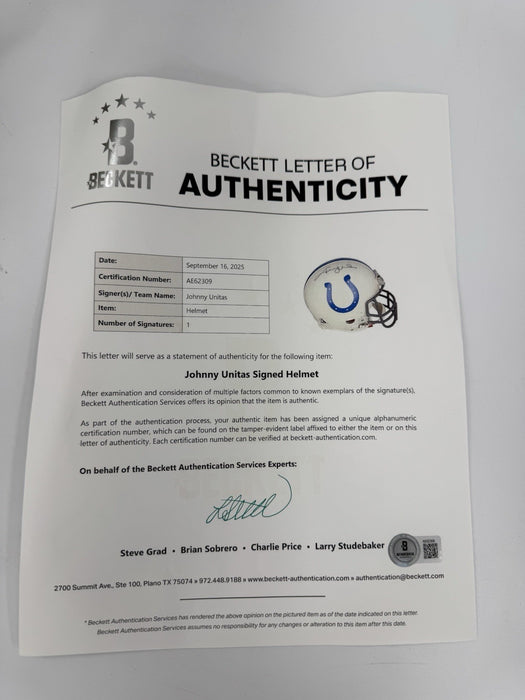 Johnny Unitas Signed Baltimore Colts Riddell Full Size Helmet Beckett COA
