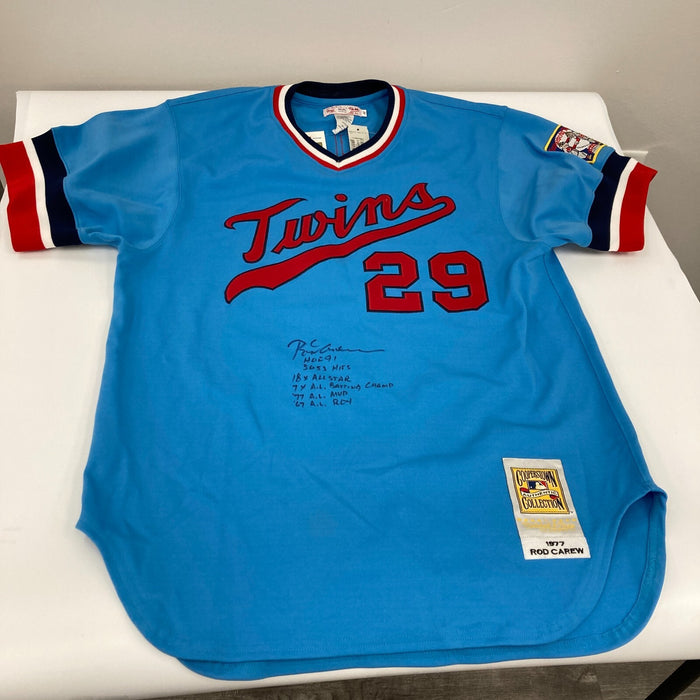 Rod Carew Signed Inscribed STATS Minnesota Twins Mitchell & Ness Jersey PSA DNA