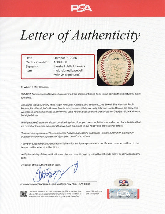 Sandy Koufax Hall Of Fame Multi Signed Baseball 24 Sigs PSA DNA COA