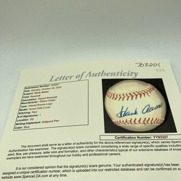 Vintage Hank Aaron Single Signed 1970's Braves Baseball JSA COA
