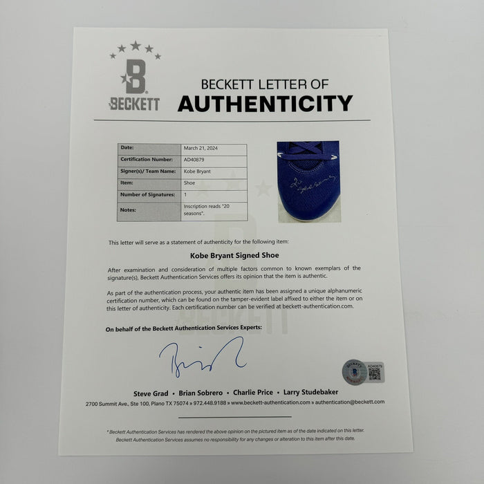 Kobe Bryant Signed Inscribed "20 Seasons" Nike Kobe IX 9 EM Sneakers Beckett COA