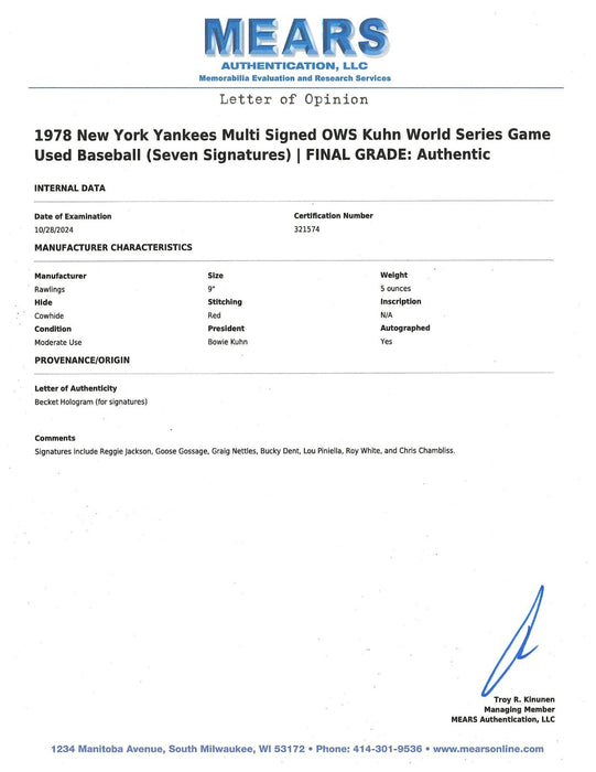 1978 New York Yankees Signed World Series Game Used Baseball MEARS & Beckett