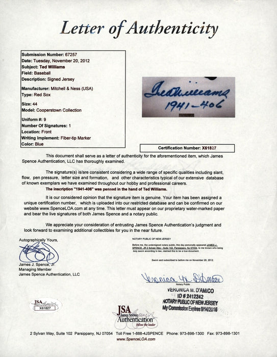 Beautiful Ted Williams .406 -1941 Signed Boston Red Sox Jersey JSA COA