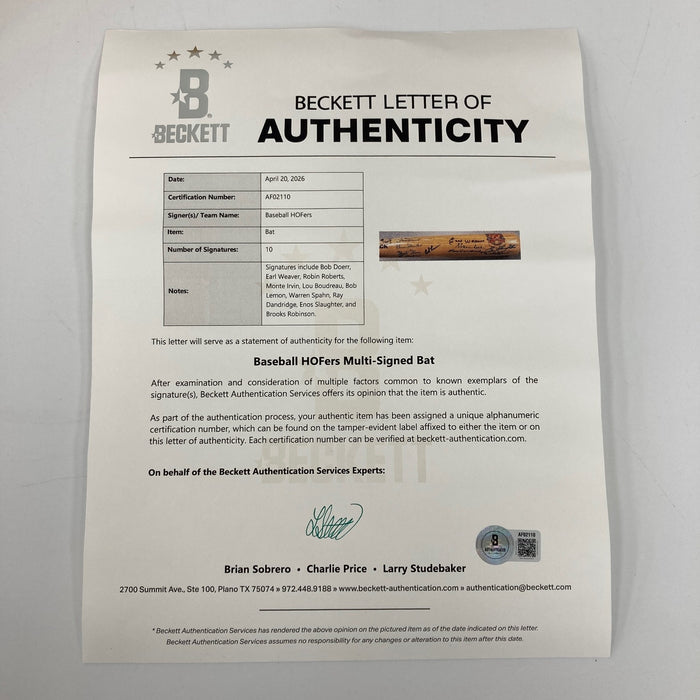 Hall Of Fame Multi Signed Baseball Bat 10 Sigs Beckett COA