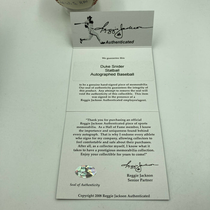 Duke Snider Signed Heavily Inscribed Career STAT Baseball Reggie Jackson COA