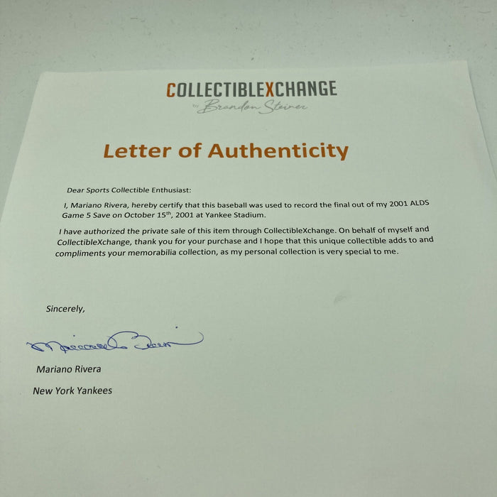 Mariano Rivera 2001 Playoffs Final Out Save Signed Game Used Baseball JSA COA