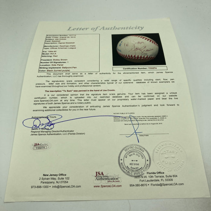 Joe Cronin Signed Official American League Baseball JSA COA