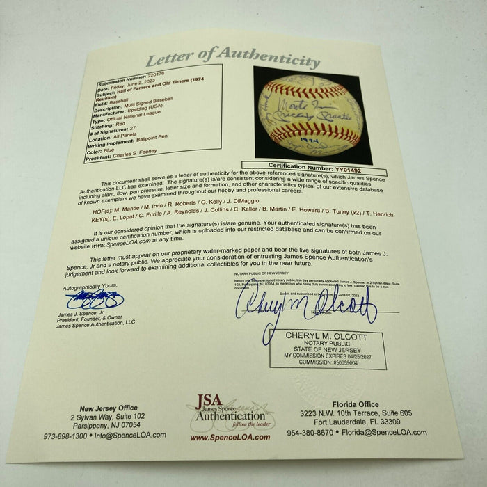 Mickey Mantle & Joe Dimaggio 1974 Hall Of Fame Induction Signed Baseball JSA COA