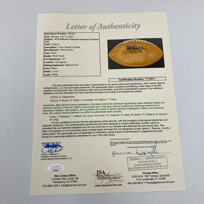 1978 Alabama Crimson Tide National Champs Team Signed Football Bear Bryant JSA