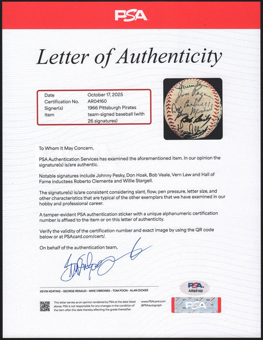 Roberto Clemente 1966 Pittsburgh Pirates Team Signed Baseball PSA DNA COA