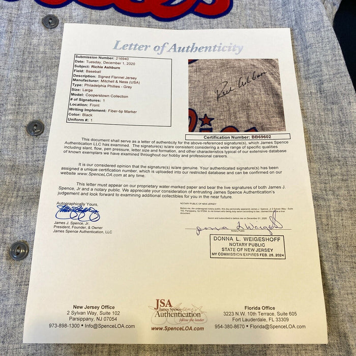 Richie Ashburn Signed Autographed Authentic Philadelphia Phillies Jersey JSA COA