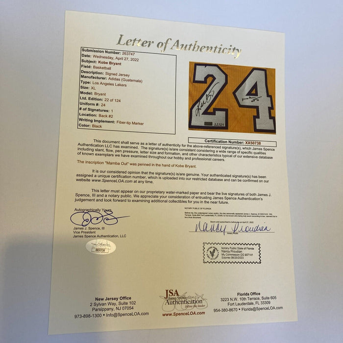 Kobe Bryant "Mamba Out" Signed #24 Authentic Los Angeles Lakers Jersey Panini