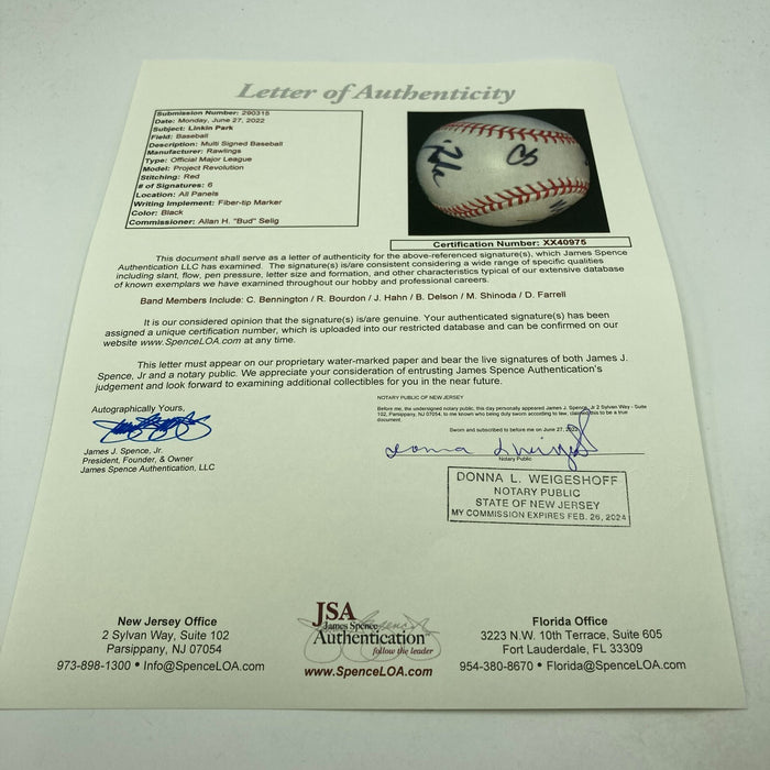 Linkin Park Band Signed Baseball 6 Signatures With Chester Bennington JSA COA