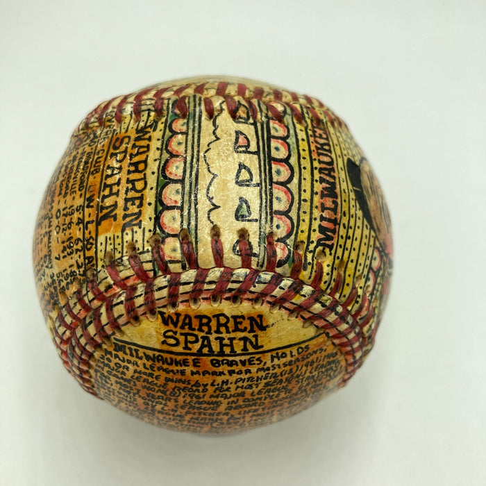 Beautiful Warren Spahn Hand Painted George Sosnak Folk Art Signed Baseball