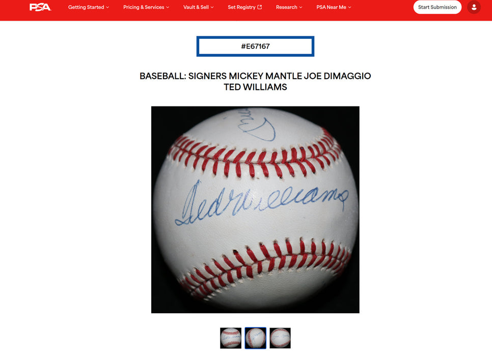 Mickey Mantle Joe Dimaggio Ted Williams Signed Baseball PSA DNA 8.5 MINT