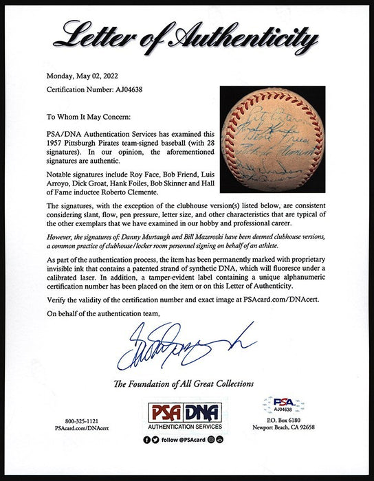 Roberto Clemente 1957 Pittsburgh Pirates Team Signed Baseball PSA DNA COA